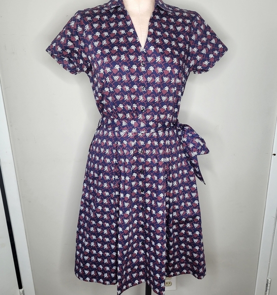 Brooks Brothers Womens Floral Shirt Dress With Belt Navy Blue Red White Size 4 - Picture 1 of 8